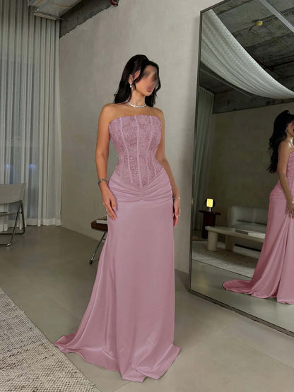 Sleeveless Square Mermaid Strapless Beads Prom Dress