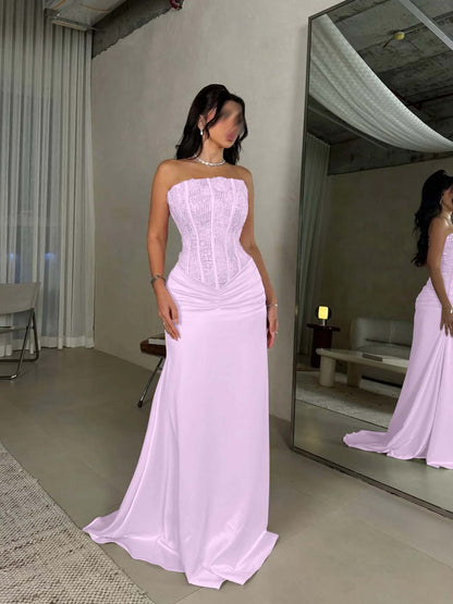 Sleeveless Square Mermaid Strapless Beads Prom Dress