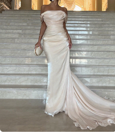 Elegant Champagne Mermaid Train Off-the-Shoulder Ruffled Satin Prom Dress Evening Dress P4631