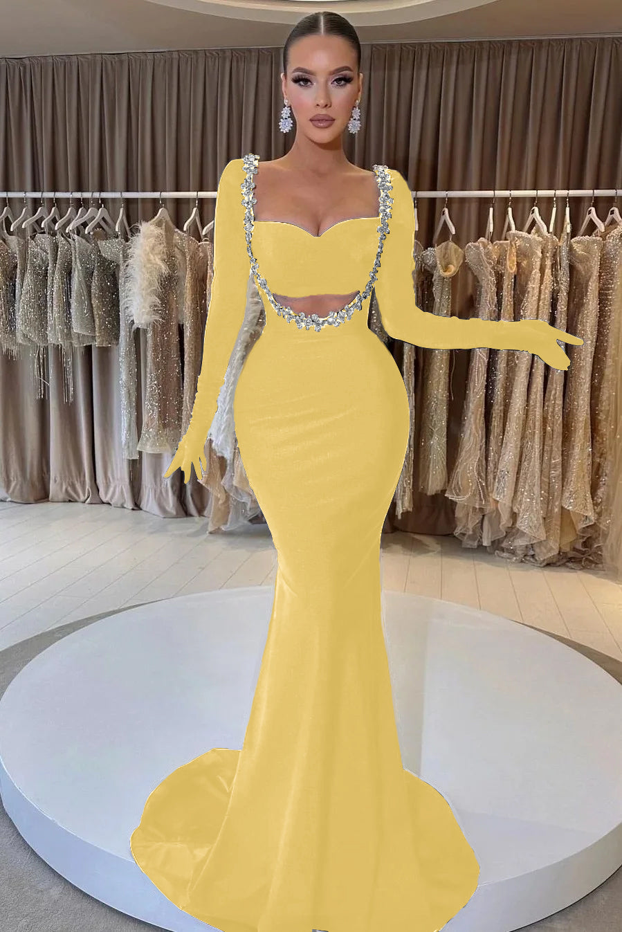 Black Long Sleeve Beaded Charming Mermaid Prom Dress With Gloves
