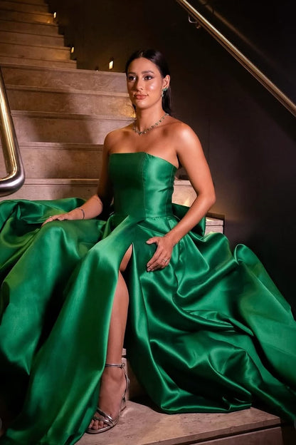 Dark Green Sleeveless Strapless Square A-Line Prom Dress