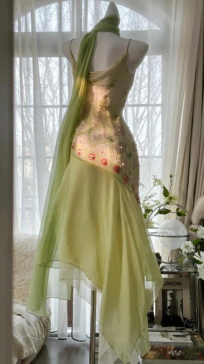 Classy Green Spaghetti Straps Chiffon Beaded Mermaid Long Evening Dress 18th Birthday Outfits SP1731