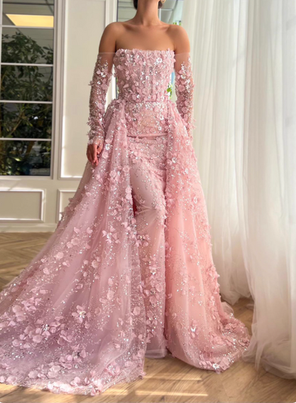 Princess Pink Train Off-the-Shoulder 3D Floral Tulle Prom Dress Evening Dress P4632