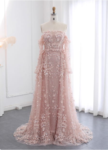 Princess Pink Train Off-the-Shoulder 3D Floral Tulle Prom Dress Evening Dress P4632