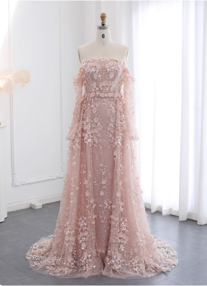 Princess Pink Train Off-the-Shoulder 3D Floral Tulle Prom Dress Evening Dress P4632