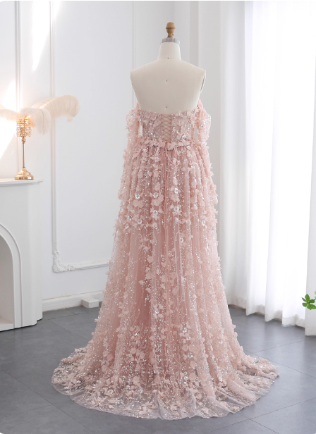 Princess Pink Train Off-the-Shoulder 3D Floral Tulle Prom Dress Evening Dress P4632