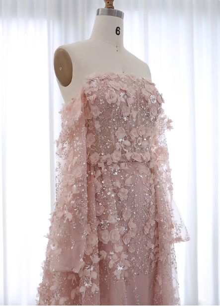 Princess Pink Train Off-the-Shoulder 3D Floral Tulle Prom Dress Evening Dress P4632