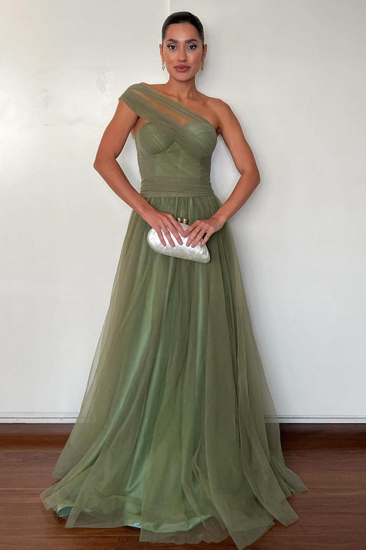 Stunning Green Tulle One Shoulder Sleeveless Long Prom Dress with Pleated