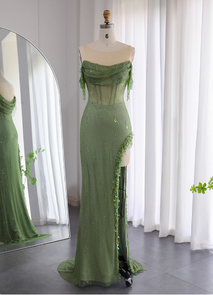 Chic Green Mermaid Tassel Slit Tulle Long Prom Dress Evening Dress P4633