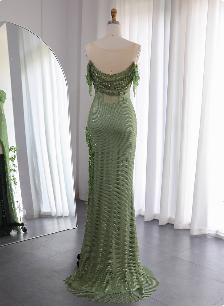 Chic Green Mermaid Tassel Slit Tulle Long Prom Dress Evening Dress P4633