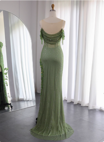 Chic Green Mermaid Tassel Slit Tulle Long Prom Dress Evening Dress P4633