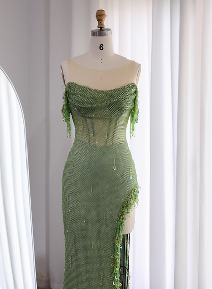 Chic Green Mermaid Tassel Slit Tulle Long Prom Dress Evening Dress P4633