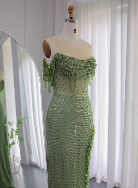 Chic Green Mermaid Tassel Slit Tulle Long Prom Dress Evening Dress P4633