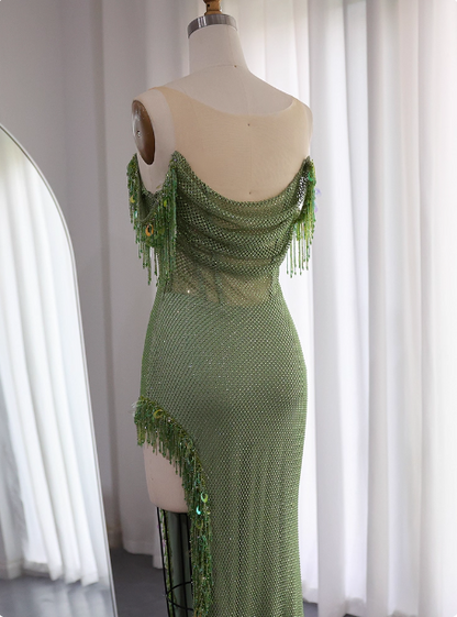 Chic Green Mermaid Tassel Slit Tulle Long Prom Dress Evening Dress P4633