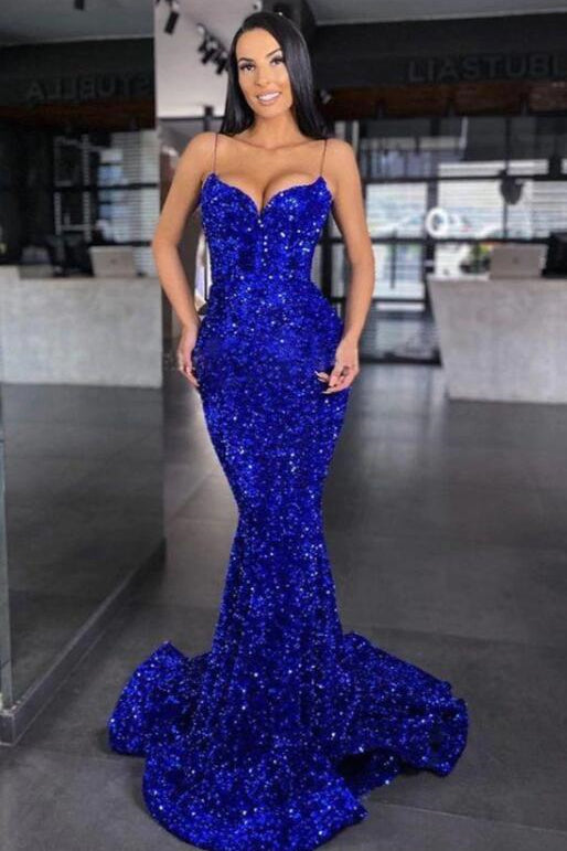 Sweetheart Royal Blue Spaghetti Strap Mermaid Prom Dress With Sequins