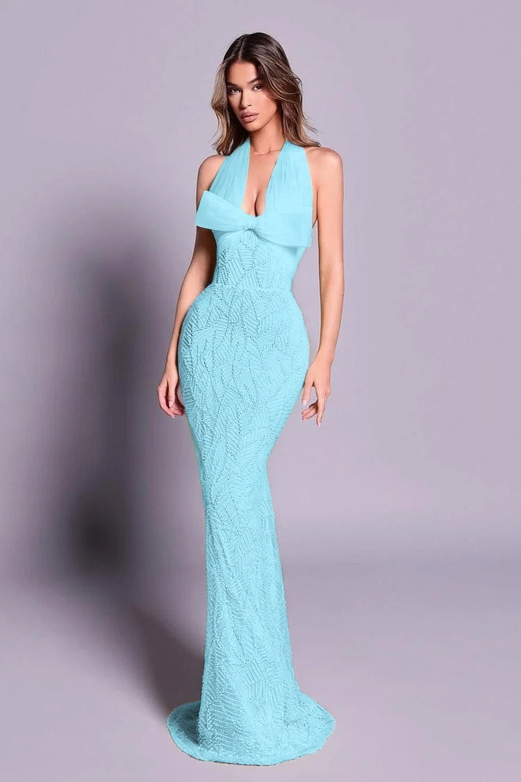 Chic Sleeveless Halter Straps Long Mermaid Evening Dress With Embroidery