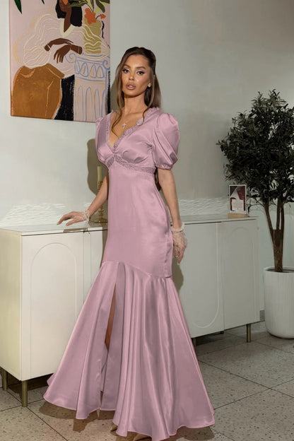 Blushing Pink V-Neck Mermaid Evening Dress Puff sleeves Floor Length with Lace