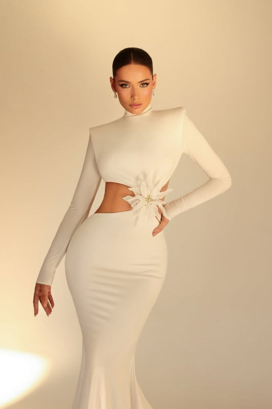 White High Neck Long Prom Dress Mermaid Long Sleeves with Flower
