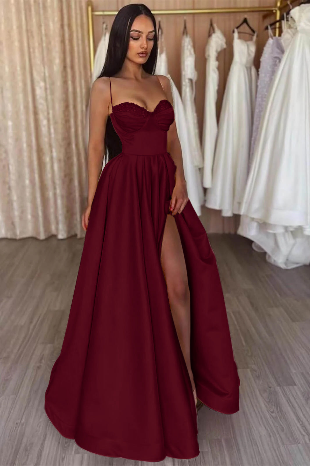 Yellow Slit Evening Dress A Line With Spaghetti-Straps
