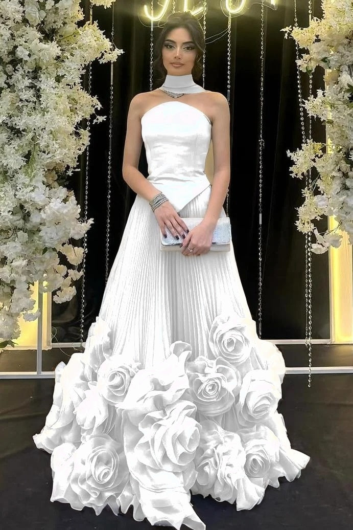 Strapless Sleeveless Long Ruffle Evening Dress With Flower Pleated