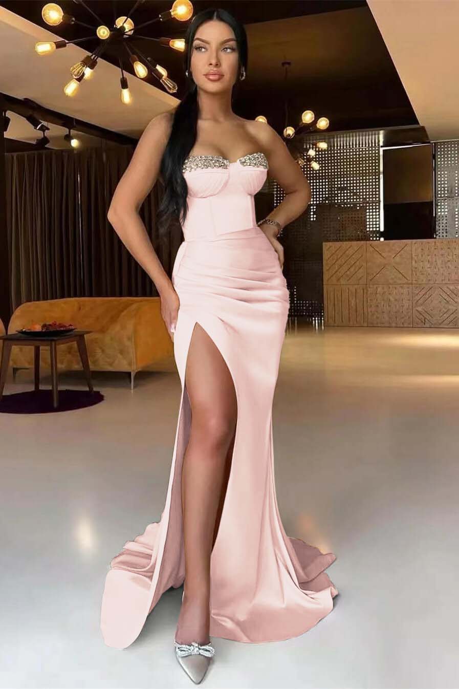 Gorgeous Dark Champagne Strapless  Mermaid Long  Prom Dress Split With Pleats Ruffles Beads