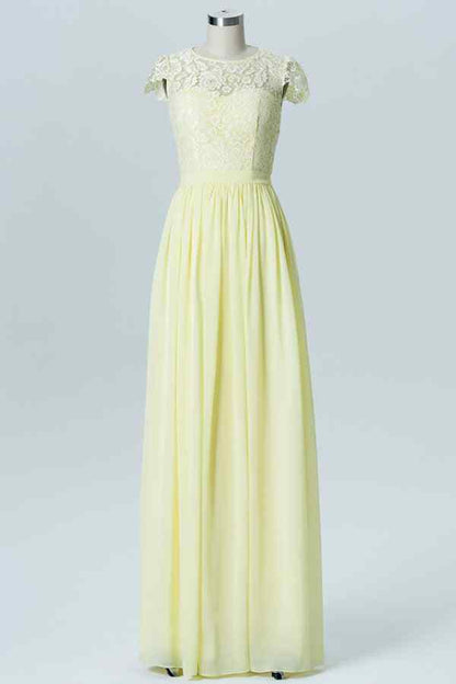 Light Yellow A-line Lace Jewel Chiffon Long Bridesmaid Dress with Buttons