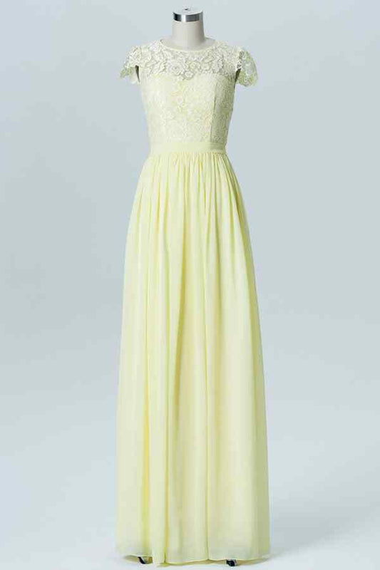 Light Yellow A-line Lace Jewel Chiffon Long Bridesmaid Dress with Buttons