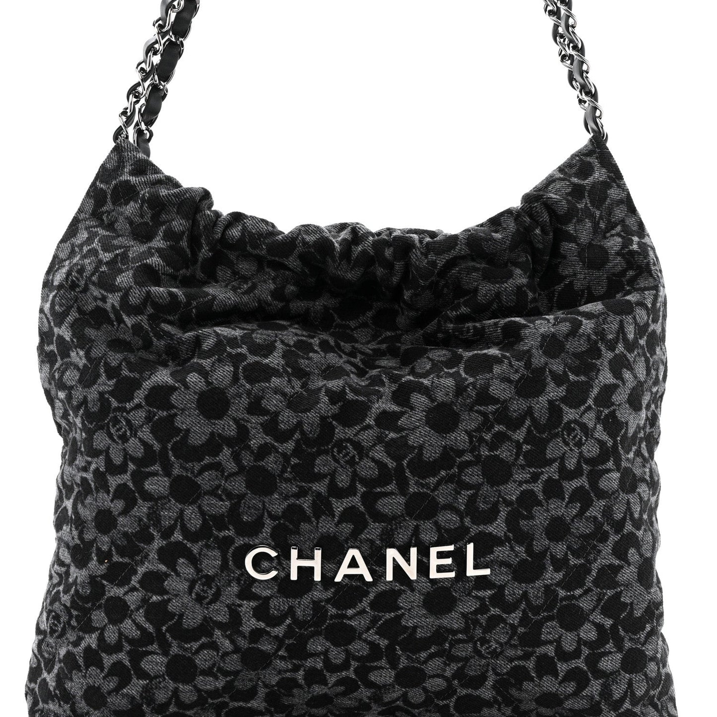 Denim Quilted Floral Print Small Chanel 22 Black