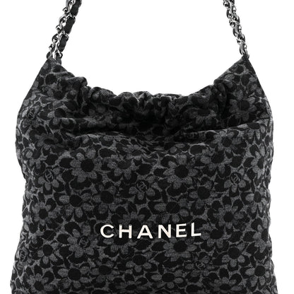 Denim Quilted Floral Print Small Chanel 22 Black