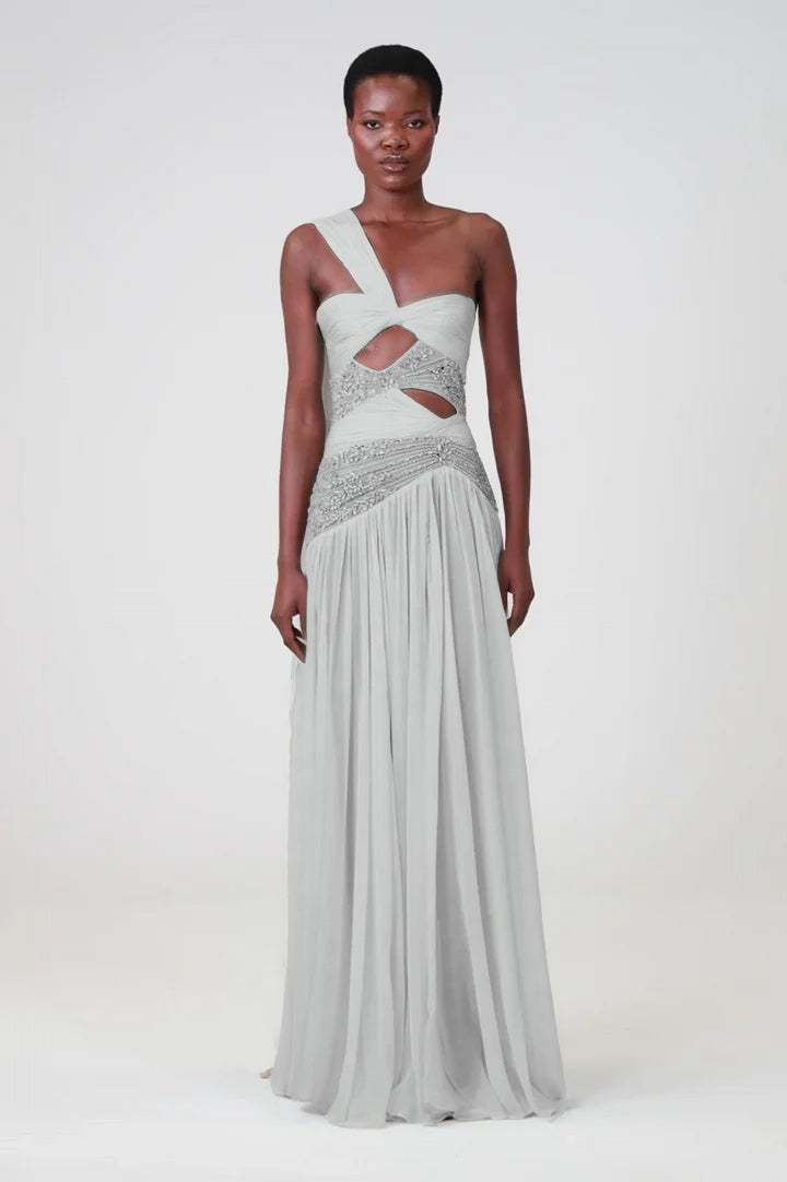 Charming Blue Sleeveless One Shoulder Long Evening Dress with Sequins