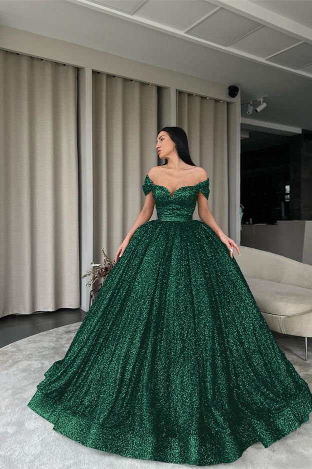 Green Off-The-Shoulder Evening Dress Ball Gown With Sequins