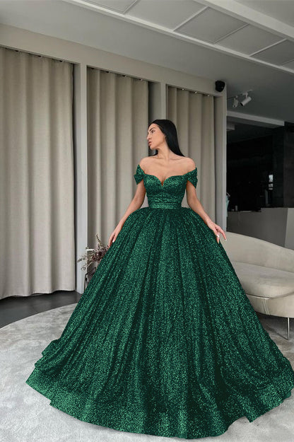 Green Off-The-Shoulder Evening Dress Ball Gown With Sequins