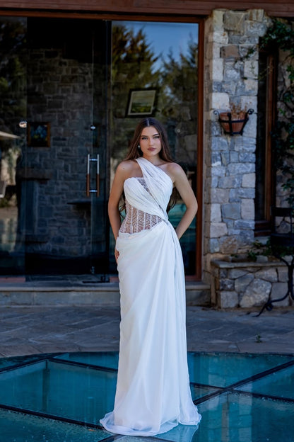 Elegant White Sleeveless One Shoulder Prom Dress With Embroidery Beads