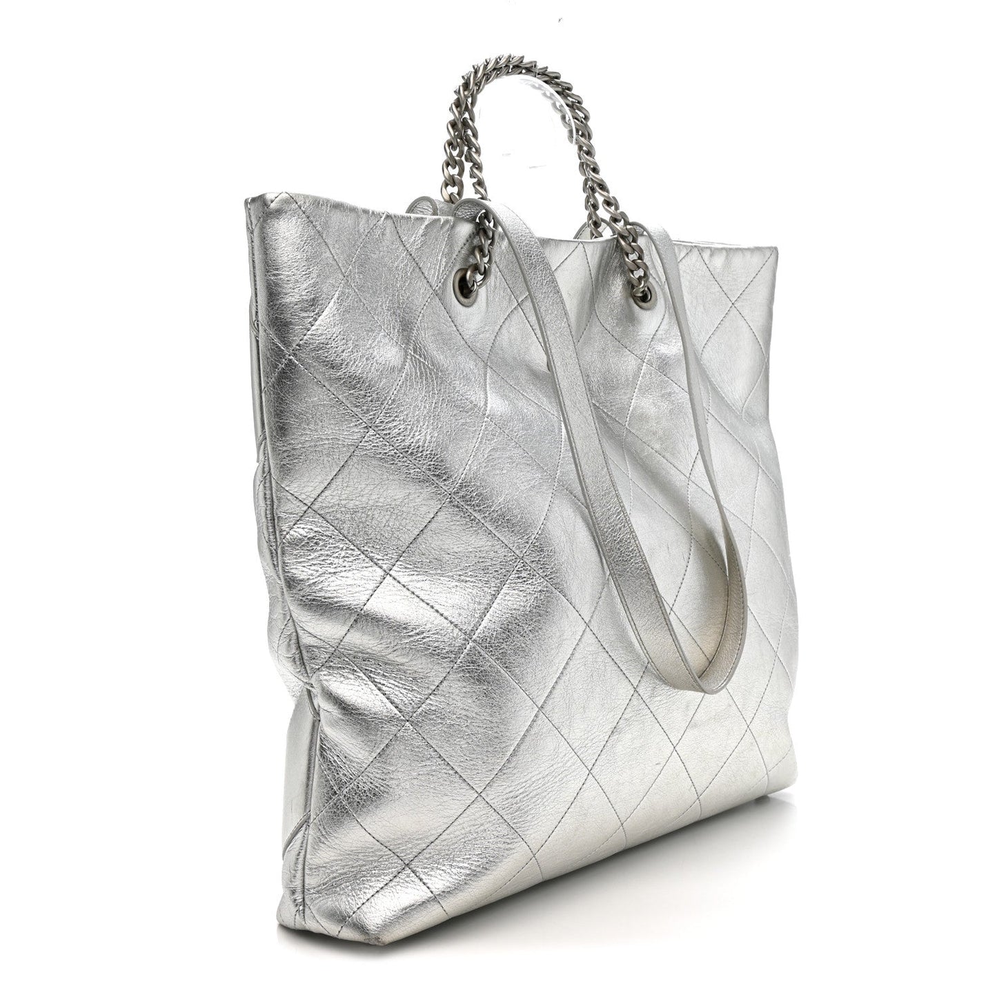 Metallic Calfskin Stitched CC Club Monaco Tote Silver