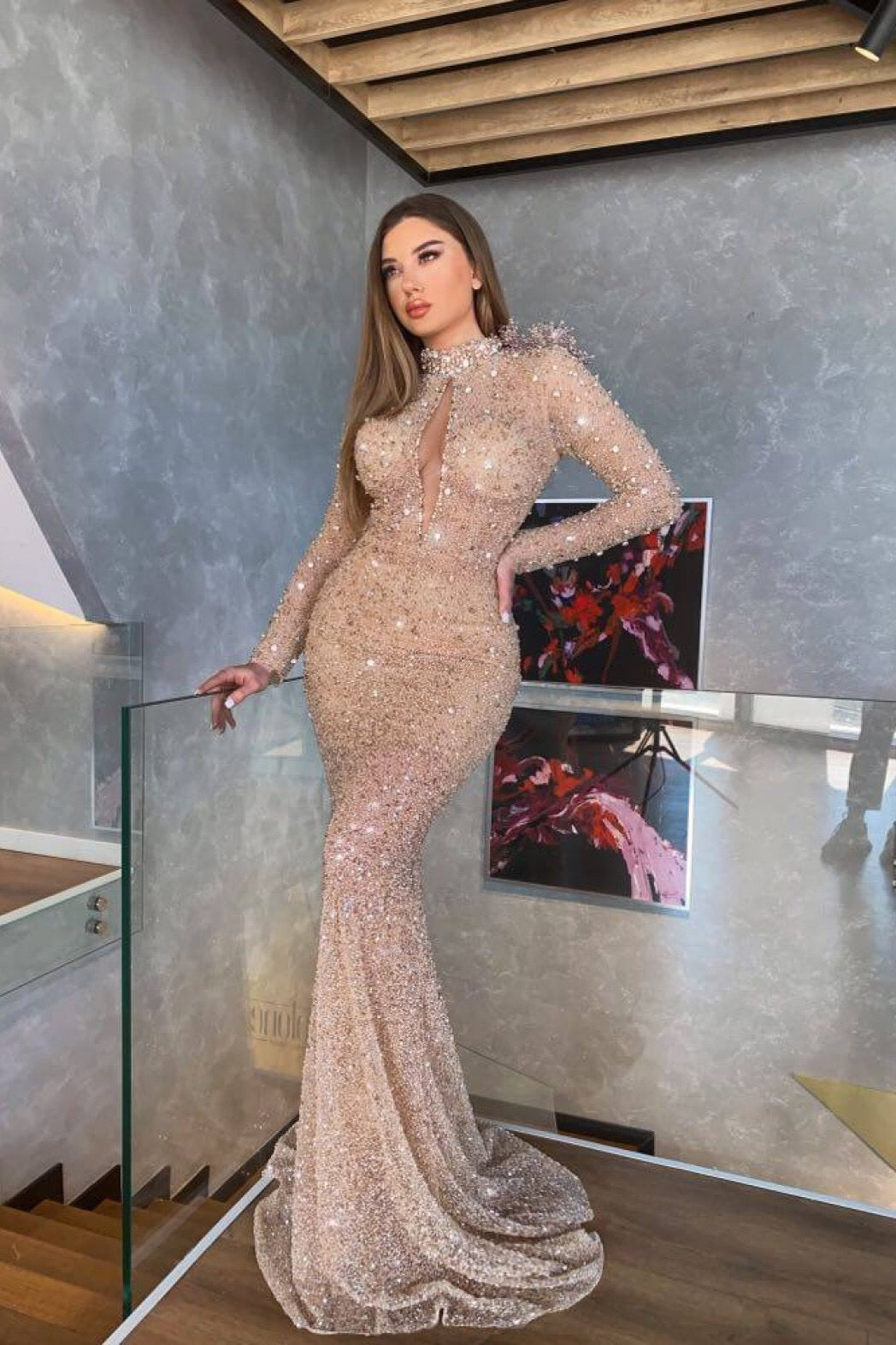 Mermaid Long Sleeves Sequins Prom Dress