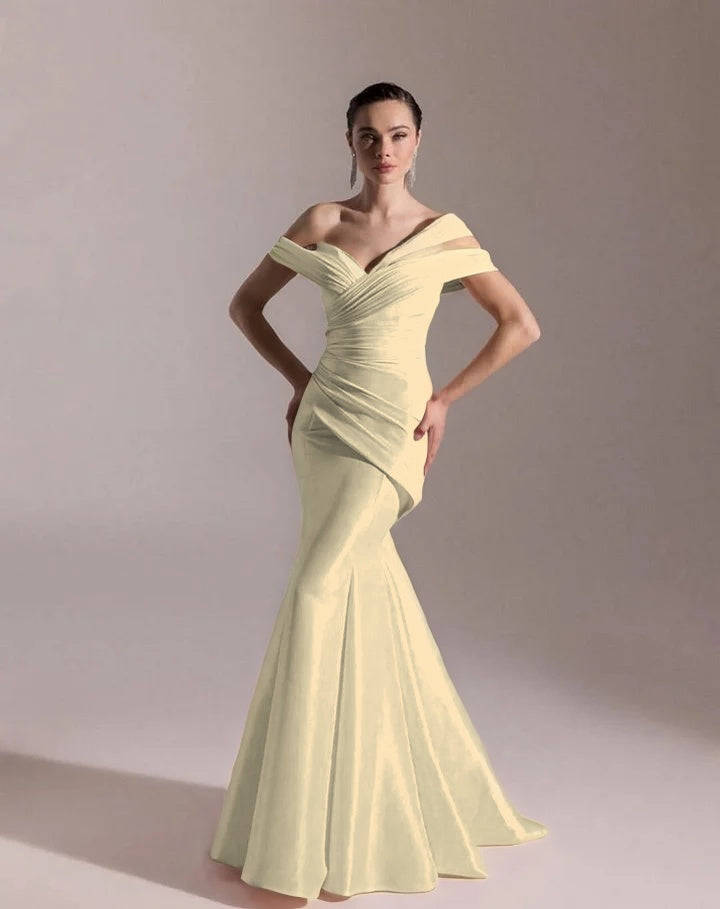 Classic Blushing Pink Off-The-Shoulder Mermaid Pleated Evening Dress