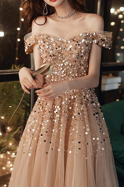 Champagne Long Evening Dress Off-The-Shoulder Sweetheart Sequins