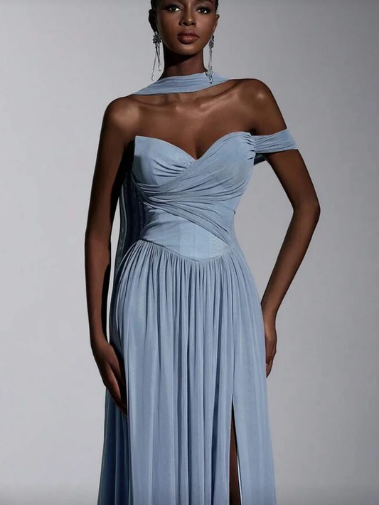 Dusty Blue One Shoulder Sweetheart Evenign Dress in Chiffon With Split