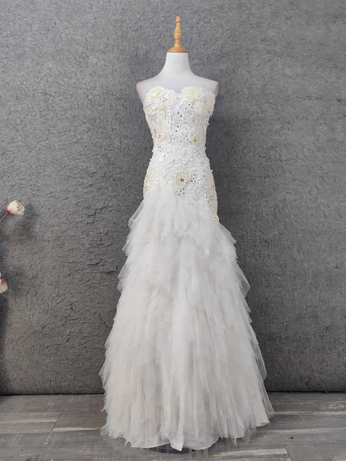 Elegant Pure White Sweetheart Neck Pearl Lace Tulle Long Prom Dress Evening Dress P4645
