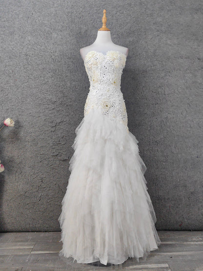 Elegant Pure White Sweetheart Neck Pearl Lace Tulle Long Prom Dress Evening Dress P4645