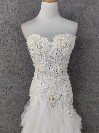 Elegant Pure White Sweetheart Neck Pearl Lace Tulle Long Prom Dress Evening Dress P4645