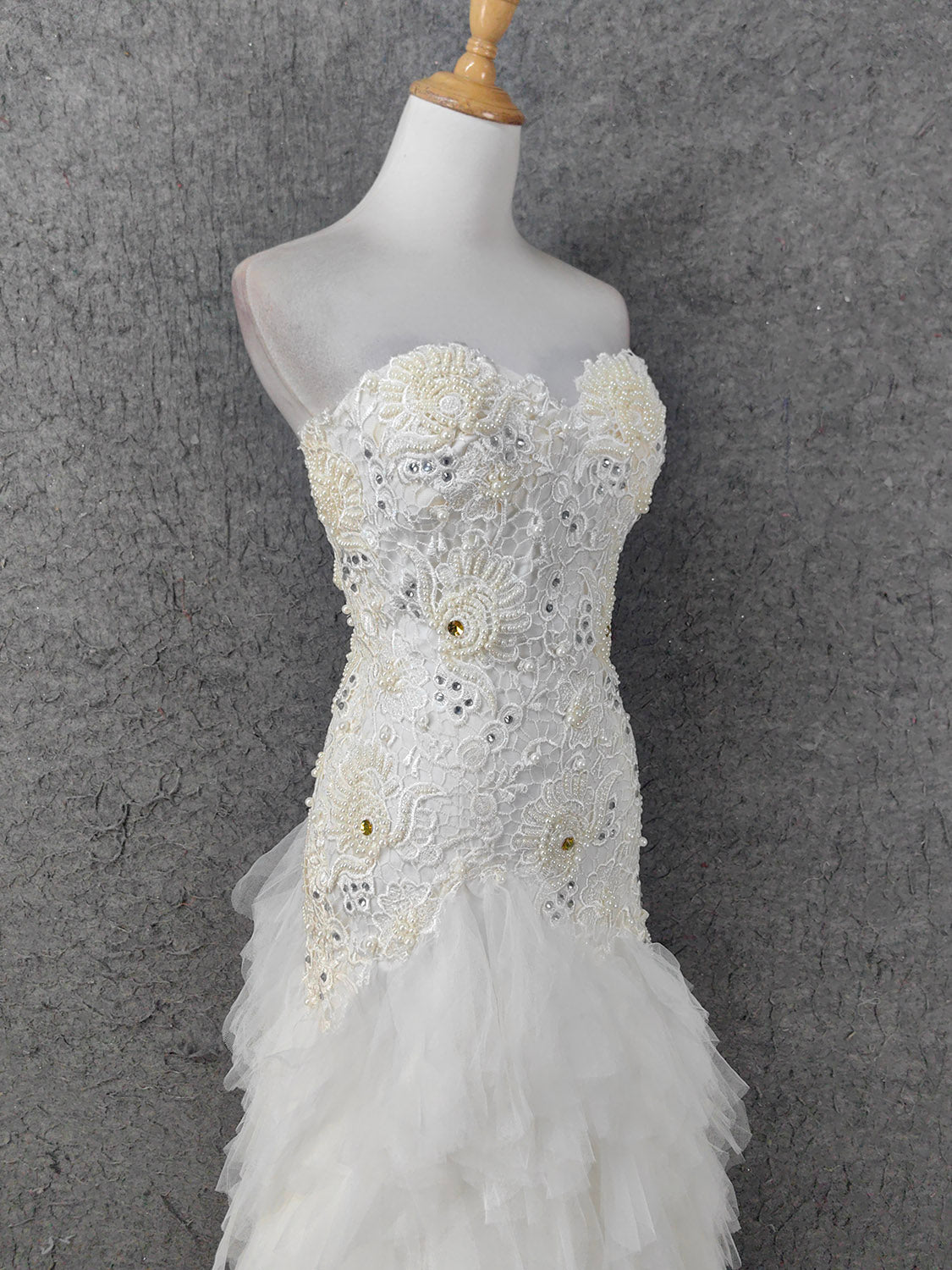 Elegant Pure White Sweetheart Neck Pearl Lace Tulle Long Prom Dress Evening Dress P4645