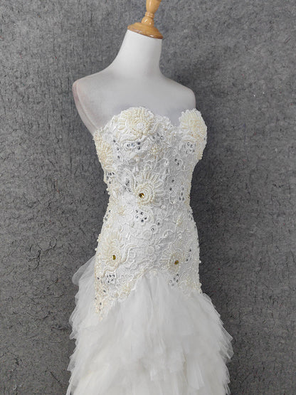 Elegant Pure White Sweetheart Neck Pearl Lace Tulle Long Prom Dress Evening Dress P4645