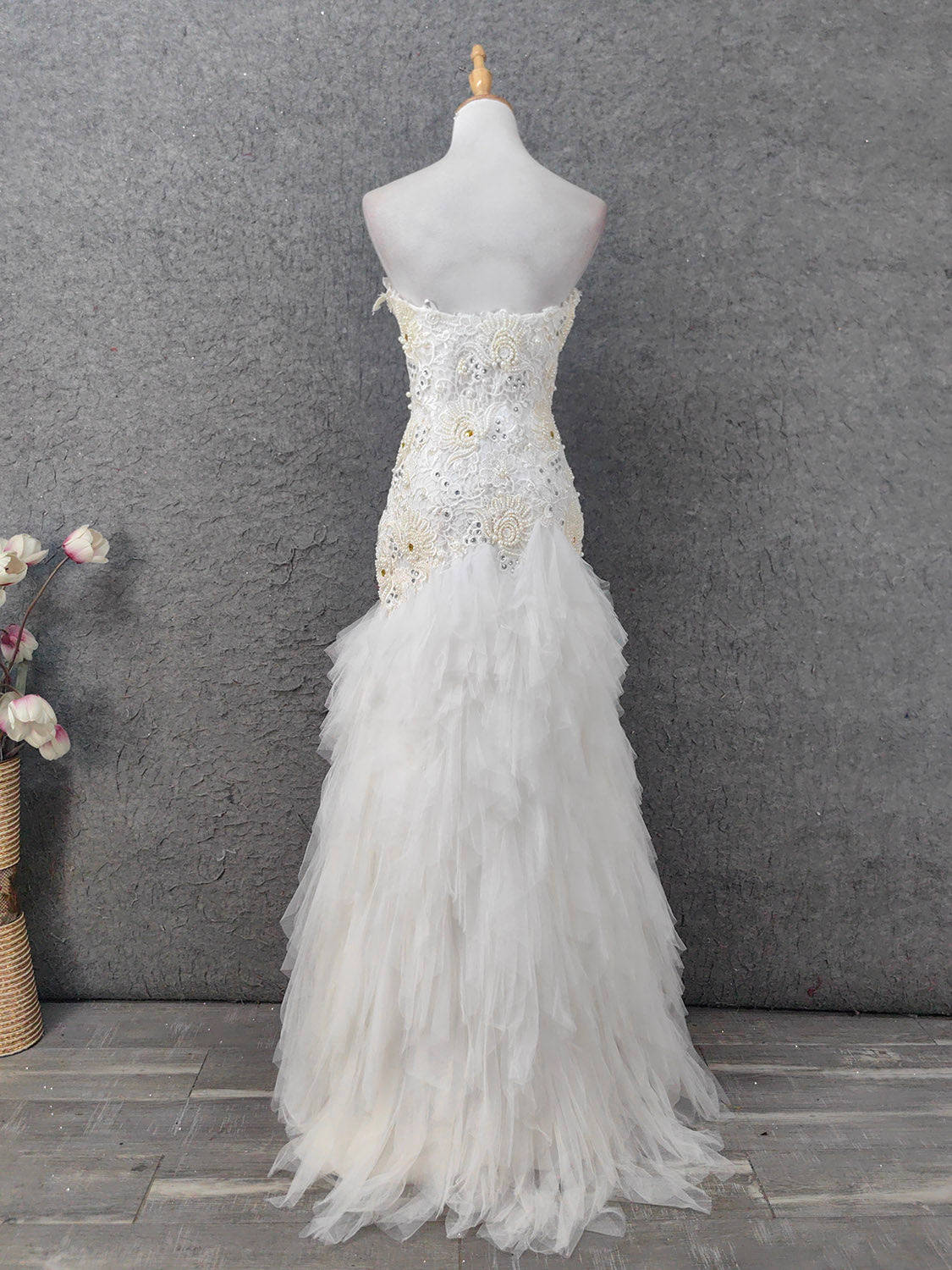 Elegant Pure White Sweetheart Neck Pearl Lace Tulle Long Prom Dress Evening Dress P4645