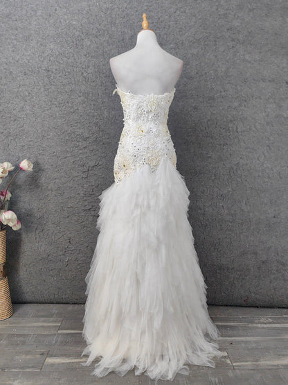 Elegant Pure White Sweetheart Neck Pearl Lace Tulle Long Prom Dress Evening Dress P4645