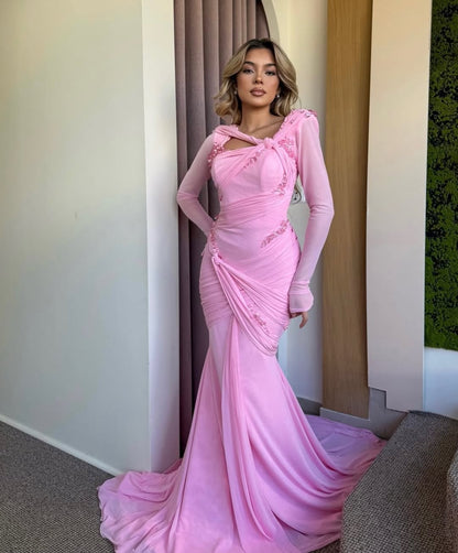 Chic Pink Chiffon Square Neck Long Sleeves Slim Prom Dress with Beaded