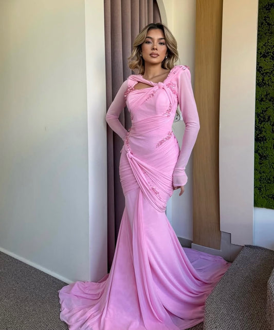Chic Pink Chiffon Square Neck Long Sleeves Slim Prom Dress with Beaded