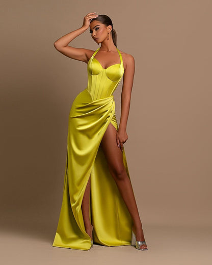 Gorgeous Yellow Halter Sleeveless Slit Prom Dress With Chic Pleats