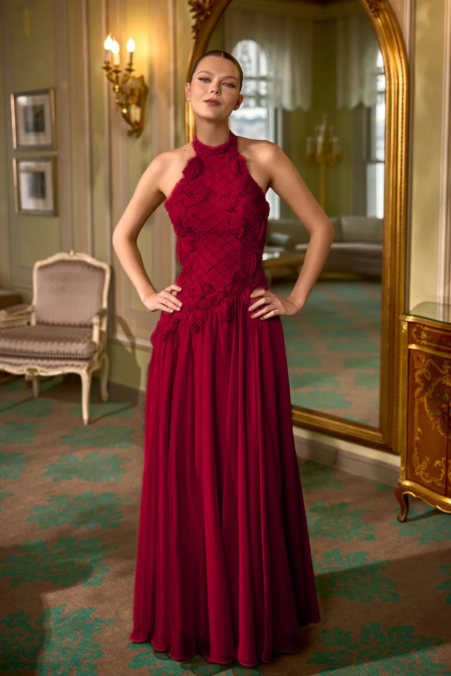 Halter Evening Dress Floor Length Sheath with Beading and Flower
