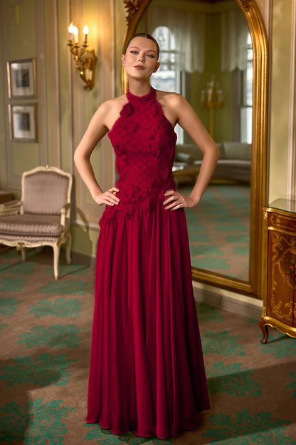 Halter Evening Dress Floor Length Sheath with Beading and Flower